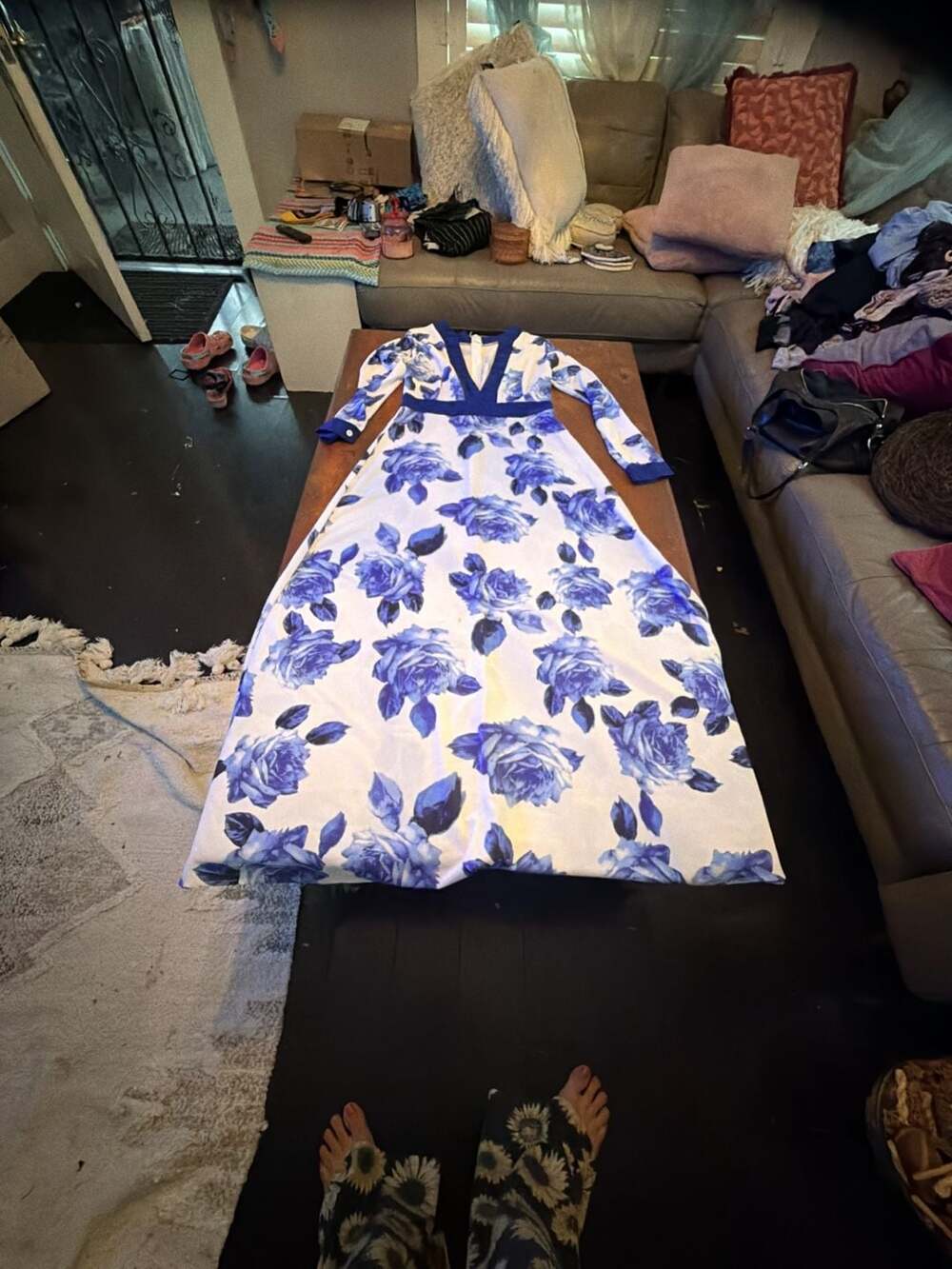 Vintage Blue and White Floral Long Sleeve Maxi Dress